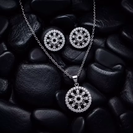 circular mandala flower pendant necklace & stud earrings set (3)